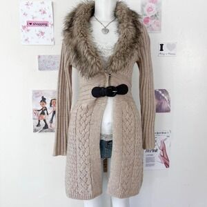 Cynthia Rowley Tan Cable Knit Cardigan with Faux Fur Collar